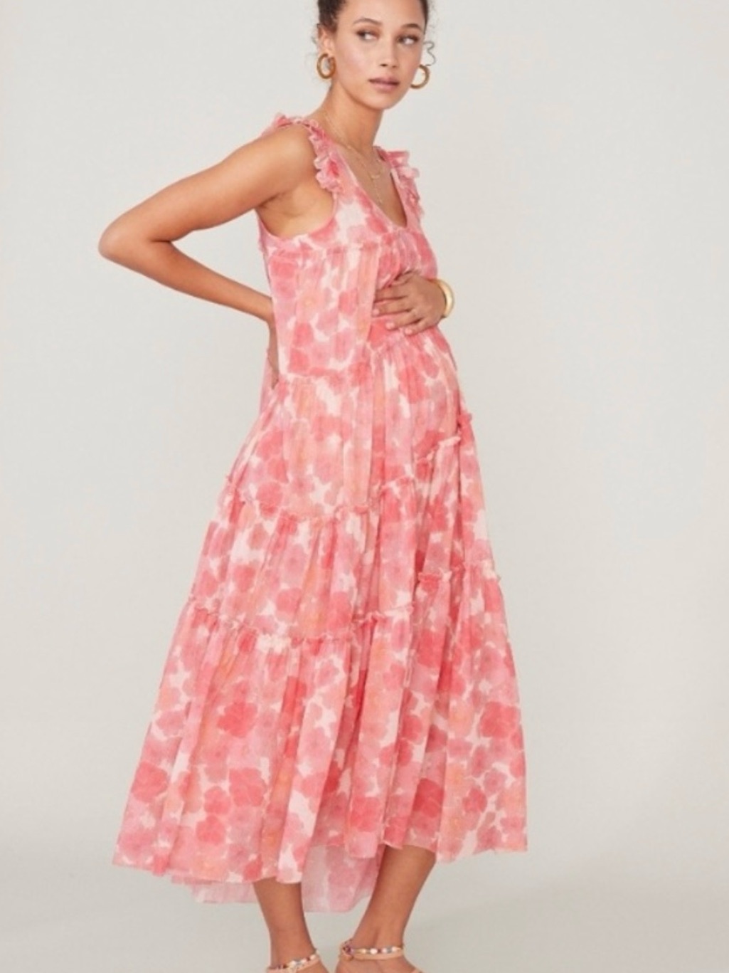 Hatch Maternity Anaelle Pink Floral Tiered Maxi Dress Pink Poppy Sz 1 (Small)